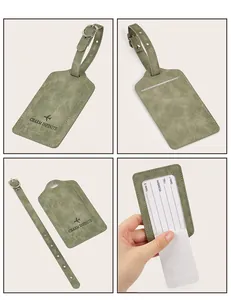 Macro detail of sage green PU leather luggage tag showing strap and contact card slots