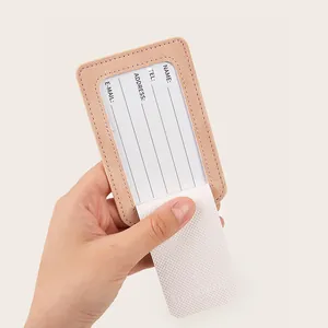 Pink PU leather luggage tag with transparent ID window and contact information card