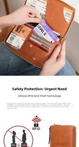 Detail of RFID blocking technology in brown leather passport wallet with multi-card slots