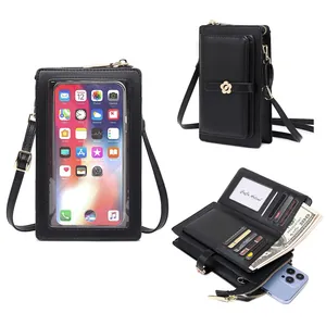 Borsa a tracolla nera in pelle PU per cellulare con touch screen e fibbia floreale oro