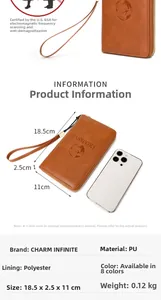 Brown PU leather RFID passport wallet detail with dimensions 18.5x11x2.5cm and wrist strap