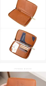 Internal detail of brown RFID travel wallet showing passport slots and card holders