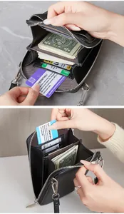 Vue détaillée de l'intérieur du sac de téléphone en cuir noir avec fentes pour cartes