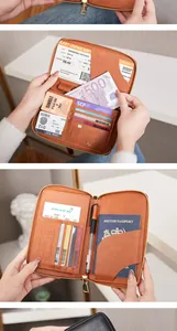 Detailed interior of RFID leather travel wallet showing passport slot and card holders