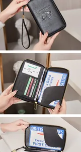 Macro detail of RFID leather passport wallet showing interior card slots and pen holder