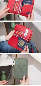 Detail view showing internal slots for passports, cards, and SD cards in a travel wallet