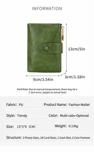 Especificaciones de tamaño del monedero vintage de cuero PU verde con doble cremallera metálica