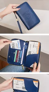 Detail view of RFID navy blue travel wallet with passport slots and card holders