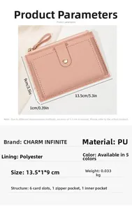 Détails du portefeuille mince en cuir PU rose, 13,5x9x1 cm avec 6 fentes pour cartes