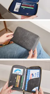 Macro view of RFID passport wallet with multi-card slots and secure zipper closure
