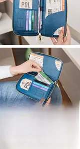 Detailed macro view of RFID leather passport wallet with multi-card slots and pen holder