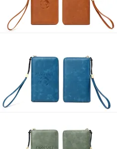 Detailed view of RFID passport wallets in brown, blue, and green with secure wrist straps