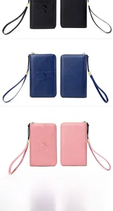 Detail display of RFID passport wallets in black, blue and pink with wrist straps