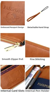 Detailed views of brown leather RFID passport wallet with card slots and wrist strap