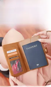 Detail of brown leather RFID passport wallet showing interior slots and card protection