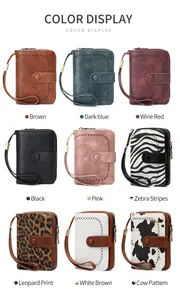 Detailed color display of RFID vintage leather wallets in solid colors and animal prints
