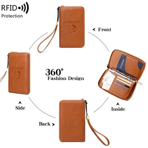 Brown leather RFID passport wallet with multiple slots, shown in a multi-angle 360 view
