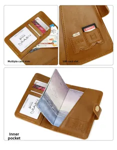 Detail of RFID blocking brown leather passport holder with multi-card and SIM card slots