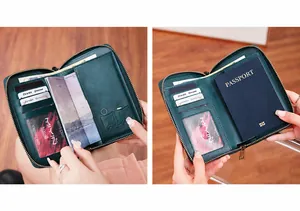 Detalle de billetera de viaje RFID con ranuras para tarjetas y compartimento para pasaporte