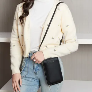 Petit sac à bandoulière noir en cuir grainé pour téléphone avec fermeture