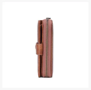 Side view of vintage oil wax leather RFID wallet showing zipper and layered texture
