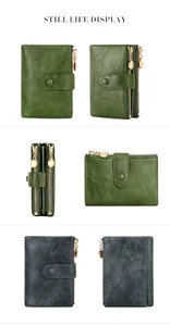 Vistas detalladas de la cartera vintage verde para mujer con doble cremallera y herrajes