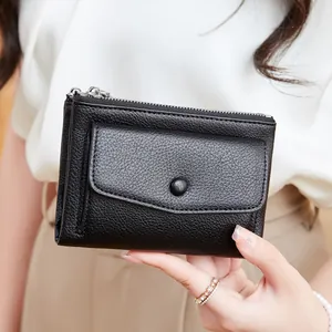 Portafoglio Corto Donna in Pelle PU con Motivo Litchi Protezione RFID Multi Slot Portacarte Doppia Cerniera Bottone Clutch