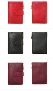 Portefeuilles en cuir à trois volets rouge et noir avec double fermeture éclair et pression