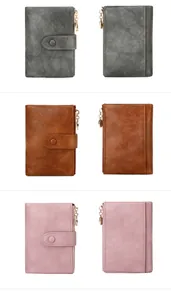 Détails des portefeuilles en cuir PU vintage en gris foncé, marron caramel et rose poudré