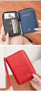 Detail of RFID blocking travel passport wallet with multiple card slots and leather texture