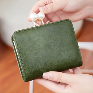 Petit Portefeuille Femme Vintage en Similicuir PU Avec Fermoir à Perles Pliable Protection RFID Porte-Cartes Mini Bourse