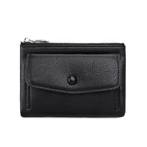 Mini portafoglio nero in pelle martellata con doppia zip e patta per monete e carte