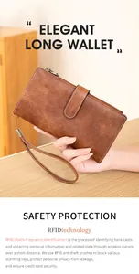 Macro detail of brown leather RFID long wallet with contrast stitching and wrist strap