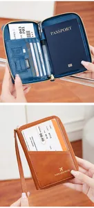 Detail of RFID passport holder with multiple card slots and secure gold zipper closure