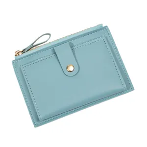 Petit portefeuille fin en cuir PU bleu clair avec fermeture éclair et bouton