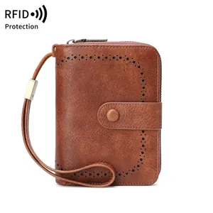 Women RFID Blocking Wallet Vintage PU Leather Multi Card Slot Clutch Purse With Wristlet Hollow Out Zip Card Holder For Ladies