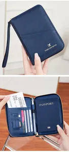 Detail of RFID-blocking navy passport wallet with credit card slots and storage