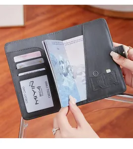 Detail of RFID blocking passport wallet interior with SIM card slots and card holders