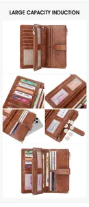 Detailed view of large capacity brown retro long wallet with RFID card slots and phone pocket