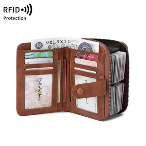 Brown oil wax leather RFID blocking wallet with multi-card slots and coin compartment