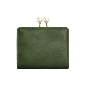 Portefeuille vintage en cuir vert foncé avec fermoir perle et fini élégant
