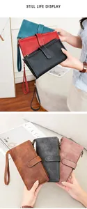 Detailed display of vintage trifold long wallets for women in six classic colors