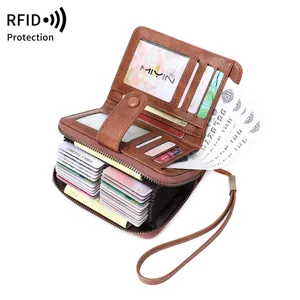 Brown oil wax leather RFID wallet with multi-slot accordion card holder and wrist strap