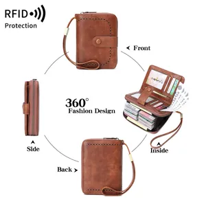 Retro brown RFID blocking leather wallet for women with large capacity and wrist strap
