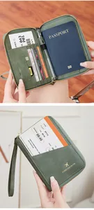 Macro detail of dark green RFID passport wallet showing interior card slots and compartments