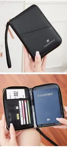 Macro view of RFID-blocking passport wallet showing card slots and zipper details