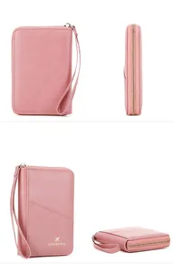 Multi-angle views of a pink RFID passport wallet with zipper and textured leather finish