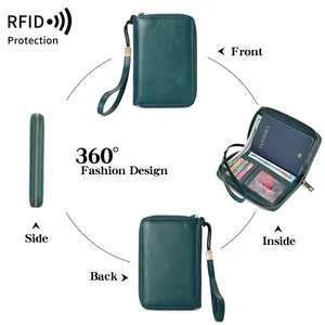 Cartera de viaje RFID verde oscuro con compartimentos múltiples y cremallera