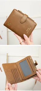 Detailed view of brown travel wallet showing card slots, SD card slot, and zipper pocket