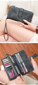 Detail view of the retro long RFID wallet with multiple card slots and double zippers